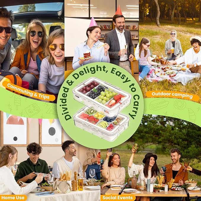 Snackle Box Container 12 Compartments, 2pack Box Characuterie Container with Compartments, Large Portable Divided Snack Serving Tray with Lid & Handle, Stackable Food Containers(White)