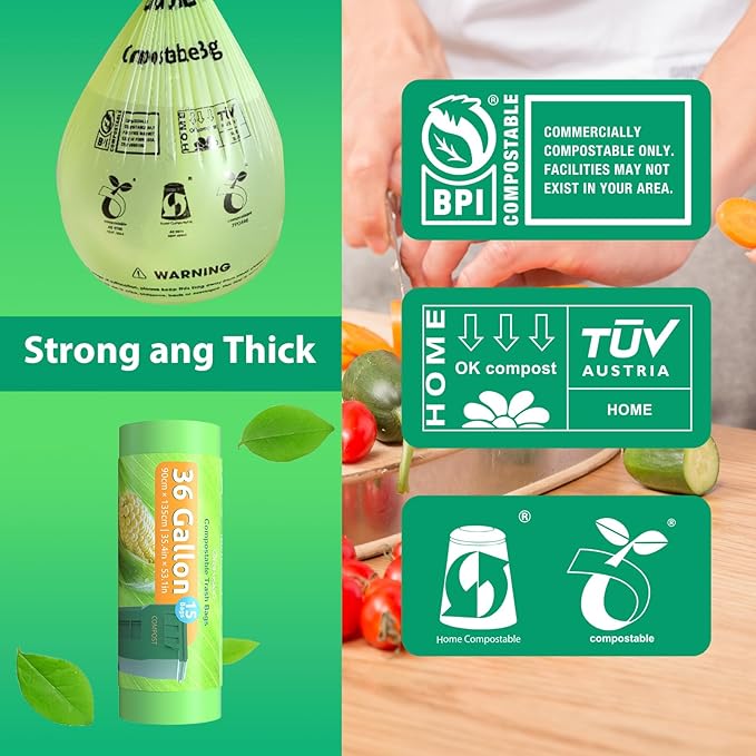 Compostable 36 gallon Trash Bags, Extra Thick 1.28 Mills, Compost 36 Gal Trash Bags (Kitchen Tall Garbage Bags), Compostable Lawn & Leaf Yard Waste bags,ASTM D6400,Bpi Certified