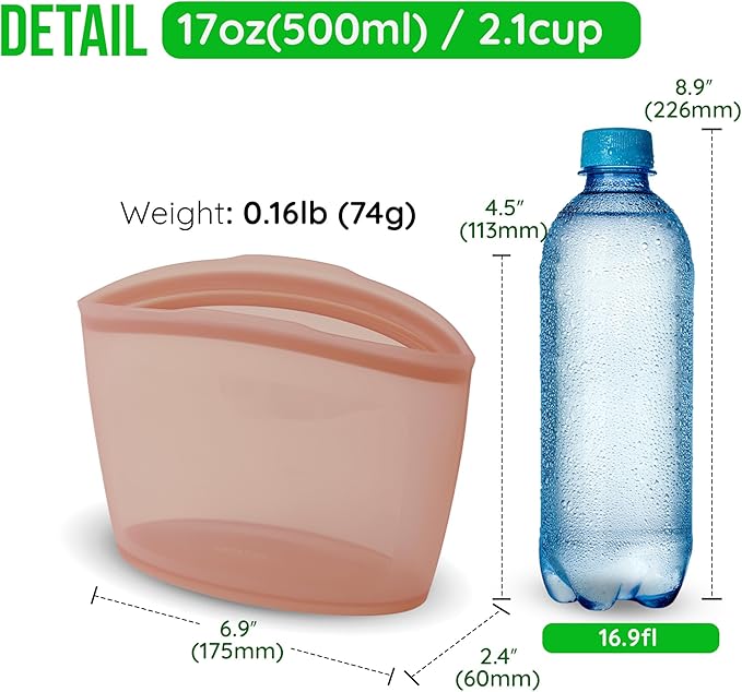 Reusable Silicone Food Storage Bags 2.1Cup (17oz), Airtight food Storage Containers Food Grade Silicone Snack Bags, BPA Free Food Storage Container, Microwave Safe, Sous Vide Container, Dry Rose