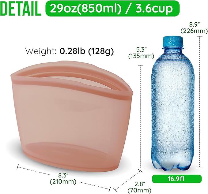 Reusable Silicone Food Storage Bags 3.6Cup (29oz), Airtight food Storage Containers Food Grade Silicone Snack Bags, BPA Free Food Storage Container, Microwave Safe, Sous Vide Container, Dry Rose