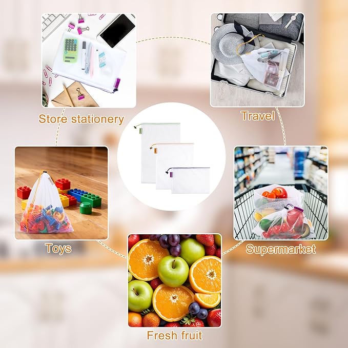 Blcculi 15 Pack Reusable Produce Bags,Washable Mesh Produce Bags,Mesh Grocery Bag with Drawstring & Colorful Tare Weight Tags,See-Through Vegetable Bag for Grocery Shopping,Fruits,3 Sizes
