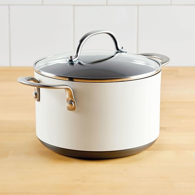 Anolon Achieve Hard Anodized Nonstick Saucepot with Lid, 4 Quart, Cream