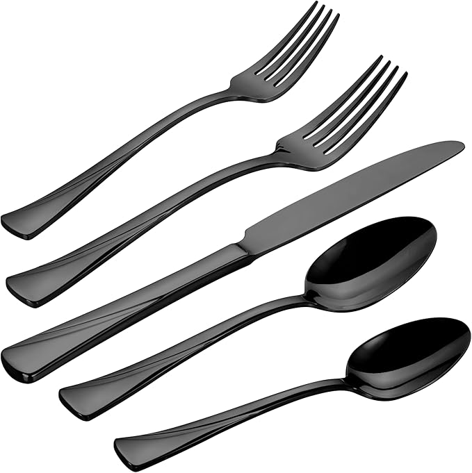 Alata Alice Black Mirror 40-Piece Silverware Set Stainless Steel Flatware Set,Service for 8,Mirror Polished Cutlery Set,Dishwasher Safe
