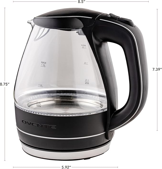 OVENTE Electric Kettle, 1.5L Borosilicate Glass Countertop Water Heater and Boiler for Coffee or Tea, BPA-Free, Auto Shut-Off, Boil-Dry Protection, Removable and Washable Spout Filter, Black KG83B
