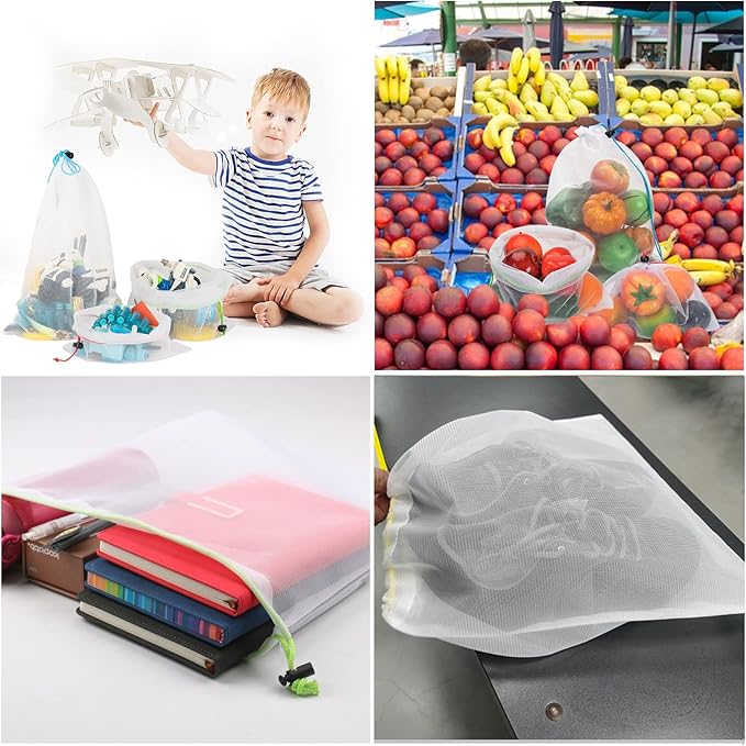Set of 12 Washable Mesh Produce Bags - 12 Small Red (8"x12") See-Through Mesh Bags for Storage, Fruit, Vegetable, Toy