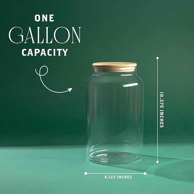 Large 1 Gallon Glass Large Jar with Airtight Bamboo Lid - High Borosilicate Canister for Kitchen Food Storage Organizing, Terrarium, Pantry Decorative Container & Laundry Room - Pack of 2