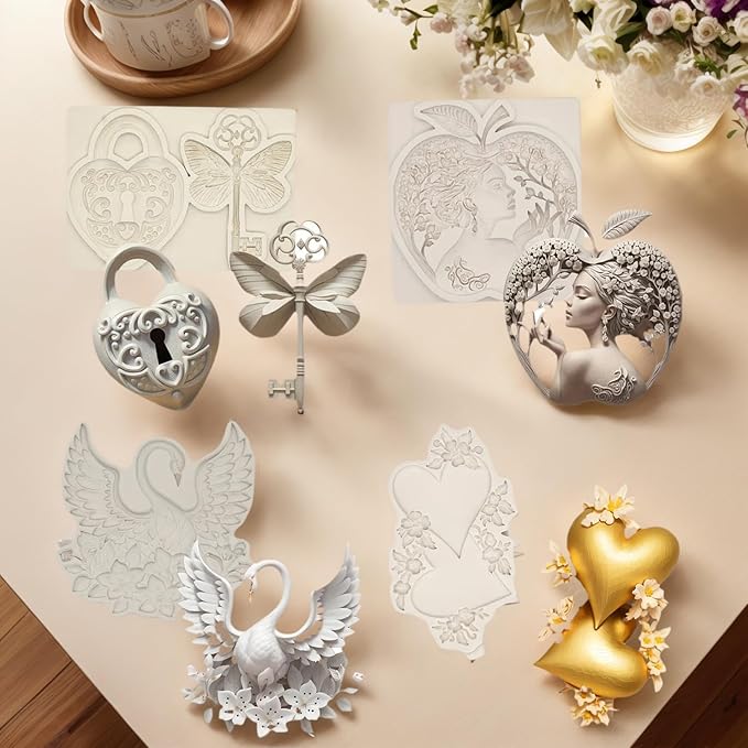 (Four-piece set) Love swan key, lock, apple girl, DIY silicone mold, cake chocolate mold wedding cake decoration tool soft cake