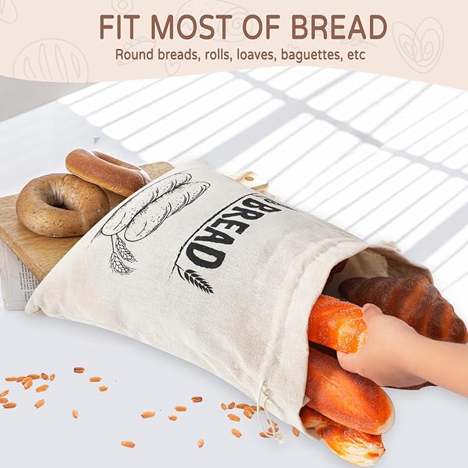 Bread Bags for Homemade Bread, Linen Bread Bag Storage, Reusable Sourdough Bread Bags with Plastic Liner, Drawstring Bread Container for Toast, Loaf,Sandwich Fresh Longer