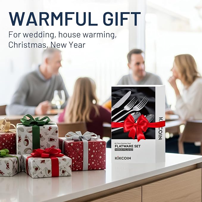 KIKCOIN 40 Pack Silverware Set for 8, Balanced Weight Stainless Steel Flatware Set, Mirror Polished Spoons And Forks Knife Set, Heavy Duty Cutlery Utensils Set for Home Kitchen Restaurant Wedding