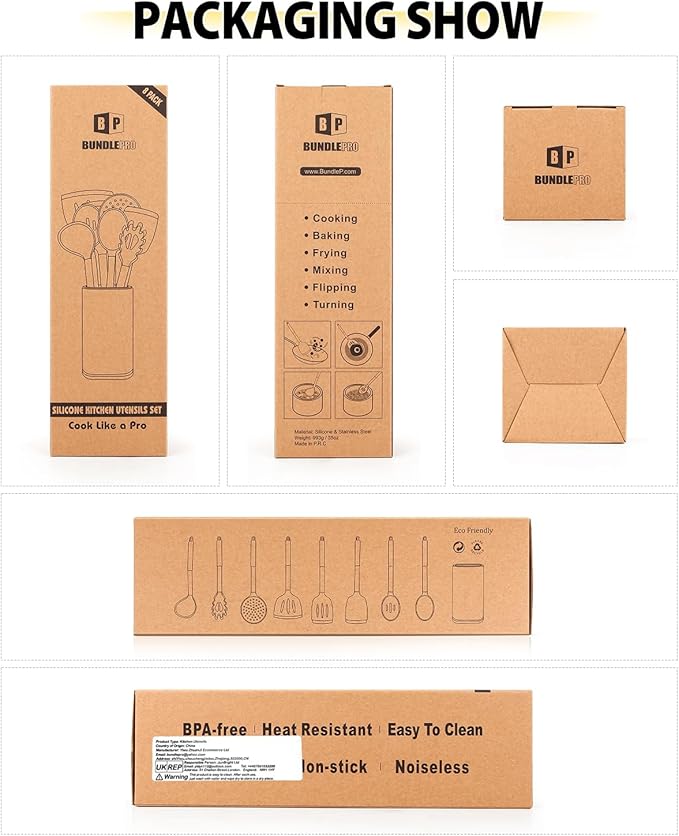 Silicone Cooking Utensil Set, 8Pcs Non-stick Cookware with Stainless Steel Handle, BPA Free Heat Resistant Kitchen Tools with Spatulas, Turnesr, Spoons, Skimer and Pasta Fork (GRAY)