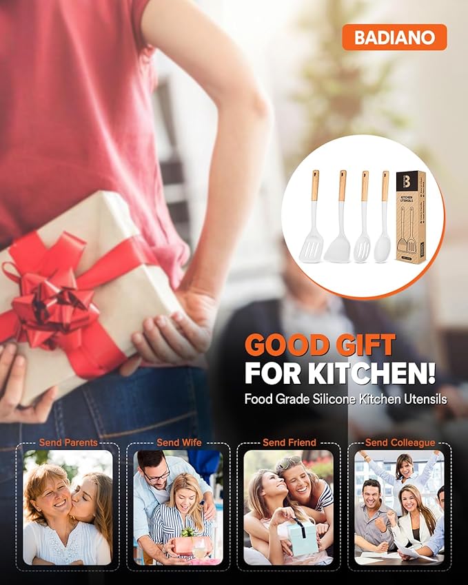 Silicone Cooking Utensils Set, Perfectly Angled for Frying, Mixing,Serving,Draining,Turning and Stirring, BPA-Free Matte Silicone, Wood Handles, Safe for Nonstick Cooking Surfaces,4 Pack (White)