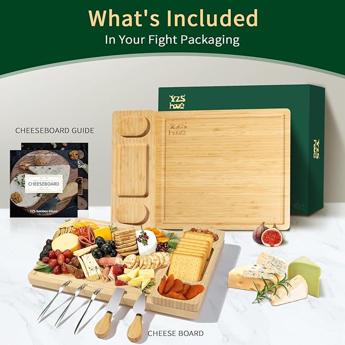 Premium Bamboo Charcuterie/Cheese Board Set β Wooden Serving Tray with Hidden Knife Storage β Cheese Knives & Forks - Perfect Bridal Shower, Housewarming, Anniversary, Mother's Day Gifts
