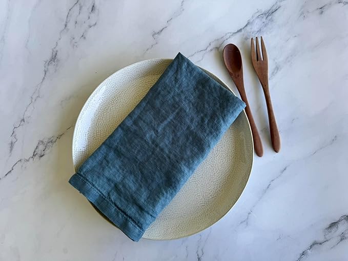 Hemstitched Linen Napkins – 20 Inch x 20 Inch – Stonewashed Pure Linen Cloth Dinner Napkins with Mitered Corners - 100% French Flax – Machine Washable - Set of 4 (Soft Teal Blue)