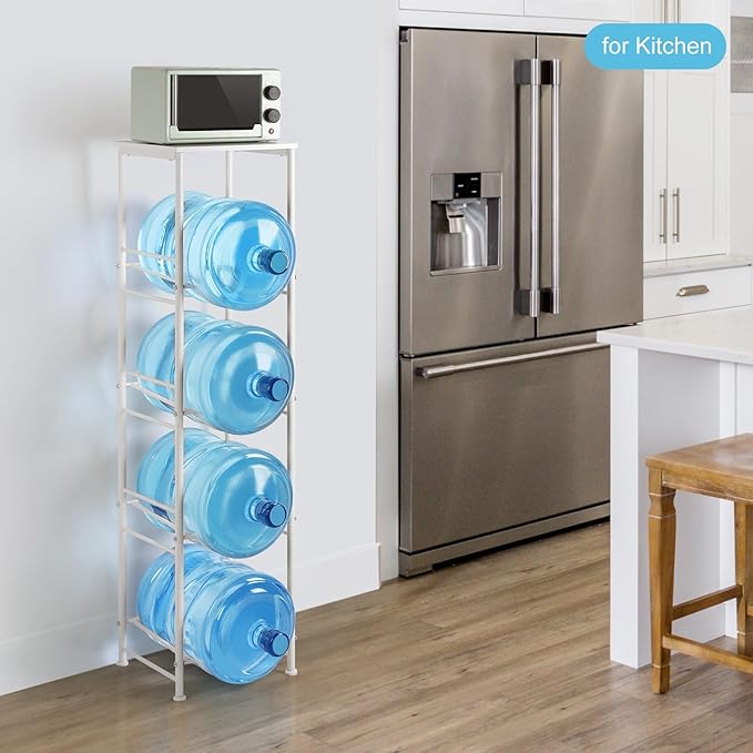 Vrisa 5 Gallon Water Jug Holder with Storage Shelf Water Bottle Holder Organizer 4 Tier 3/5 Gallon Water Jug Stand Rack Heavy Duty Water Dispenser Rack for Home Office Kitchen, White
