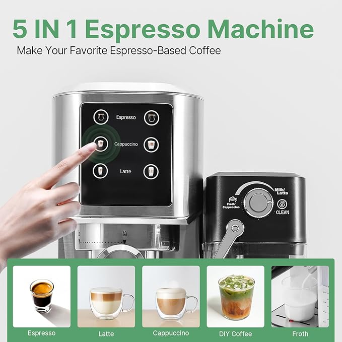 Espresso Machine 20 Bar, Touchscreen Espresso Maker with Automatic Milk Frother for Cappuccino Latte, Expresso Coffee Machine for Home with Dual Heating System and Dual Pump
