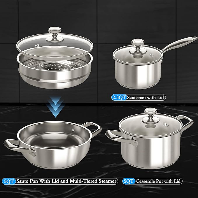 Pots and Pans Set,12-Piece Stainless Steel Cookware Set, Induction Ready Kitchen Cooking Set, Includes Saucepans, Stockpot, Steamer & Strainer Basket, Glass Lids, Dishwasher & Oven Safe