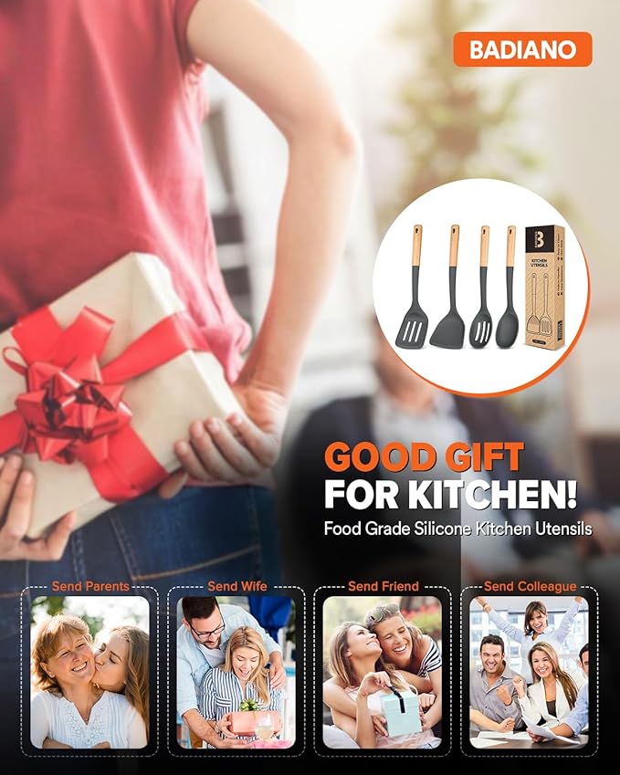 Silicone Cooking Utensils Set, Perfectly Angled for Frying, Mixing,Serving,Draining,Turning and Stirring, BPA-Free Matte Silicone, Wood Handles, Safe for Nonstick Cooking Surfaces,4 Pack (Grey)