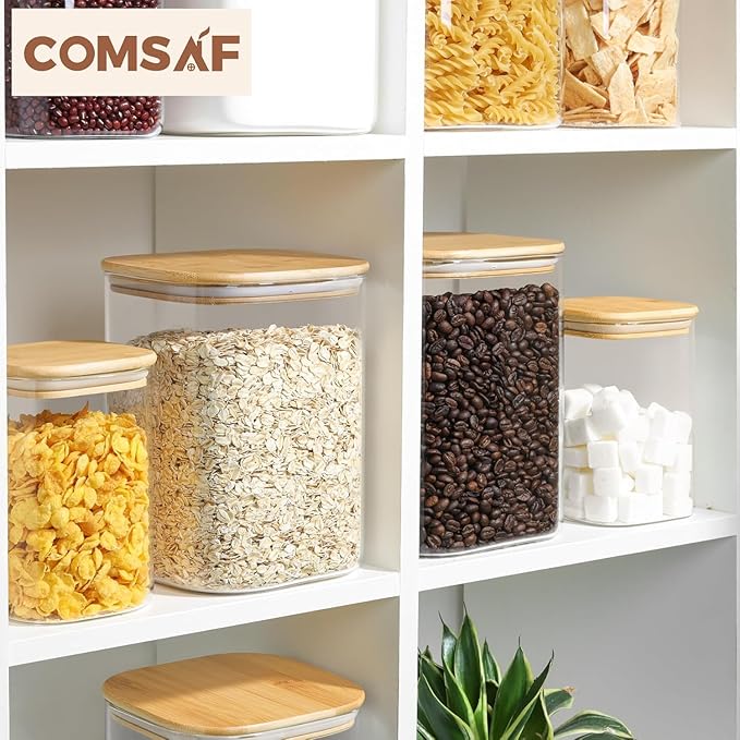 ComSaf 3.6Qt Glass Food Storage Containers, Cereal Storage Containers with Airtight Lids, Large Square Glass Jars with Bamboo Lids, for Rice, Pasta, Oats, Grains, Coffee Beans