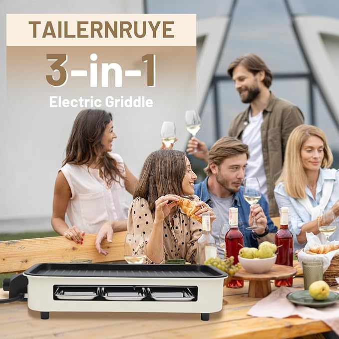 3-in-1 Indoor Smokeless Grill,Removable 18’’x 9’’Electric Griddle Nonstick with Temperature Control for Indoor Outdoor Family Party Kitchen Picnic Table