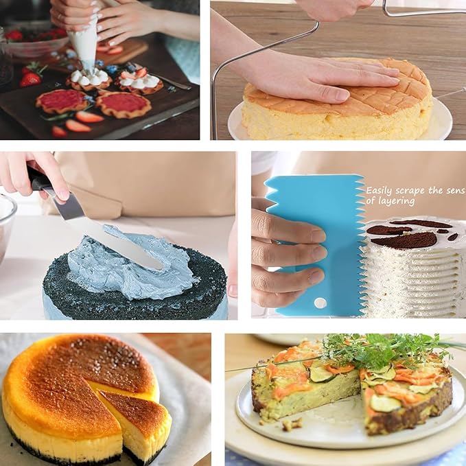 Round Cake Pan Sets for Baking Cake Decorating Supplies: 4 Non-Stick Springform Pans Set (4, 7,9,10 inches), Icing Tips, Cake Leveler β Multi-functional Leak-Proof CheeseCake Pan