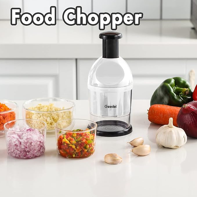 Geedel Food Chopper, Easy to Clean Manual Hand Vegetable Chopper Dicer, Dishwasher Safe Slap Onion Chopper for Veggies Onions Garlic Nuts Salads White