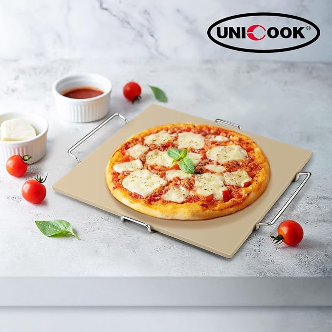 Unicook 12 Inch Square Pizza Stone for Oven and Grill, Oven Baking Stone for Bread, Cordierite Pizza Pan for Baking Crispy Bread, Pie and Cookies, Includes Carry Rack and Dough Scraper