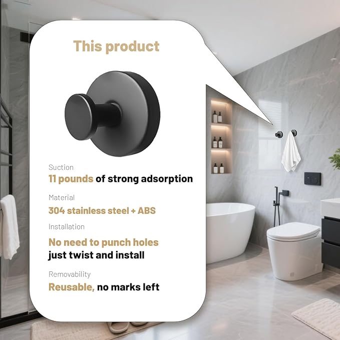 4 Pcs Suction Cup Hook for Shower,Removable Hooks,Towel Hooks,Suction Hooks for Bathroom, Bedroom, Glass Window (Black)