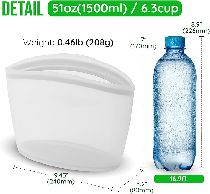 Reusable Silicone Food Storage Bags 6.3Cup (53oz), Airtight Food Storage Containers Food Grade Silicone Snack Bags, BPA Free Food Storage Container, Microwave Safe, Sous Vide Container, White