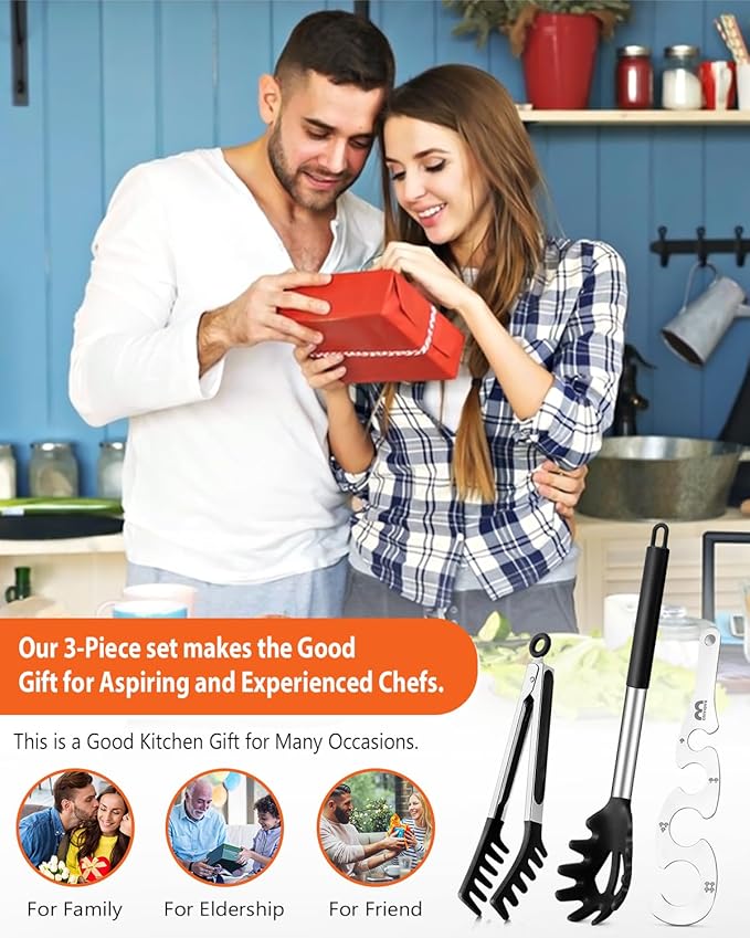 Silicone Spaghetti Spoon & Pasta Tong With Pasta Measurer, 3 Pack of Non-Stick Stainless Steel Handle Pasta Fork Set with Teeth, Food Clip for Easy Serving of Noodles (BLACK)