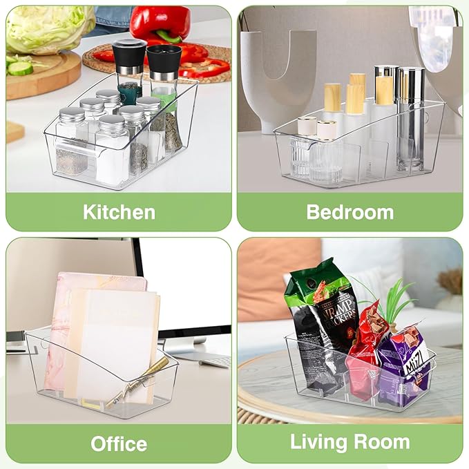 4 Pack Clear Pantry Organizer Storage Bins Removable Snack Organizer Plastic Cabinet Organizers Racks with 3 Dividers, Refrigerator Bins, Kitchen Storage