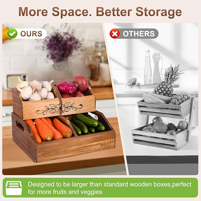 Acacia Wood Pantry Storage Bins for Kitchen, Onion & Potato Pantry Storage Organization, No installation Required, 2-tier Fruit and Vegetable Storage Containers, Snack Bins for Kitchen & Pantry