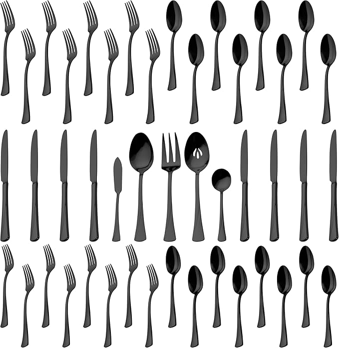 Alata Alice Black Mirror 45-Piece Silverware Set Stainless Steel Flatware Set,Service for 8,Mirror Polished Cutlery Set,Dishwasher Safe