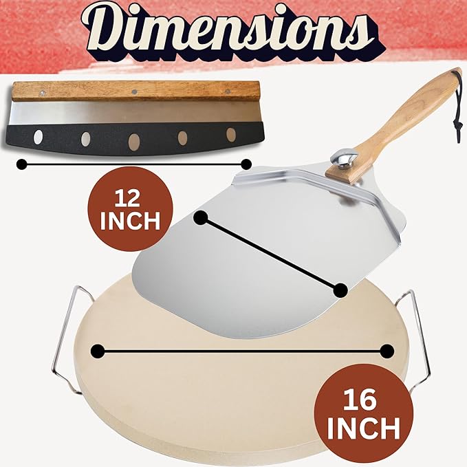 Round Pizza Stone for Oven 16 inch - Large Pizza Stone with Handles, Metal Pizza Peel, Pizza Cutter and Dough Tool - Baking Stone for Oven Bread - Thick Heavy Duty Cordierite Baking Stones