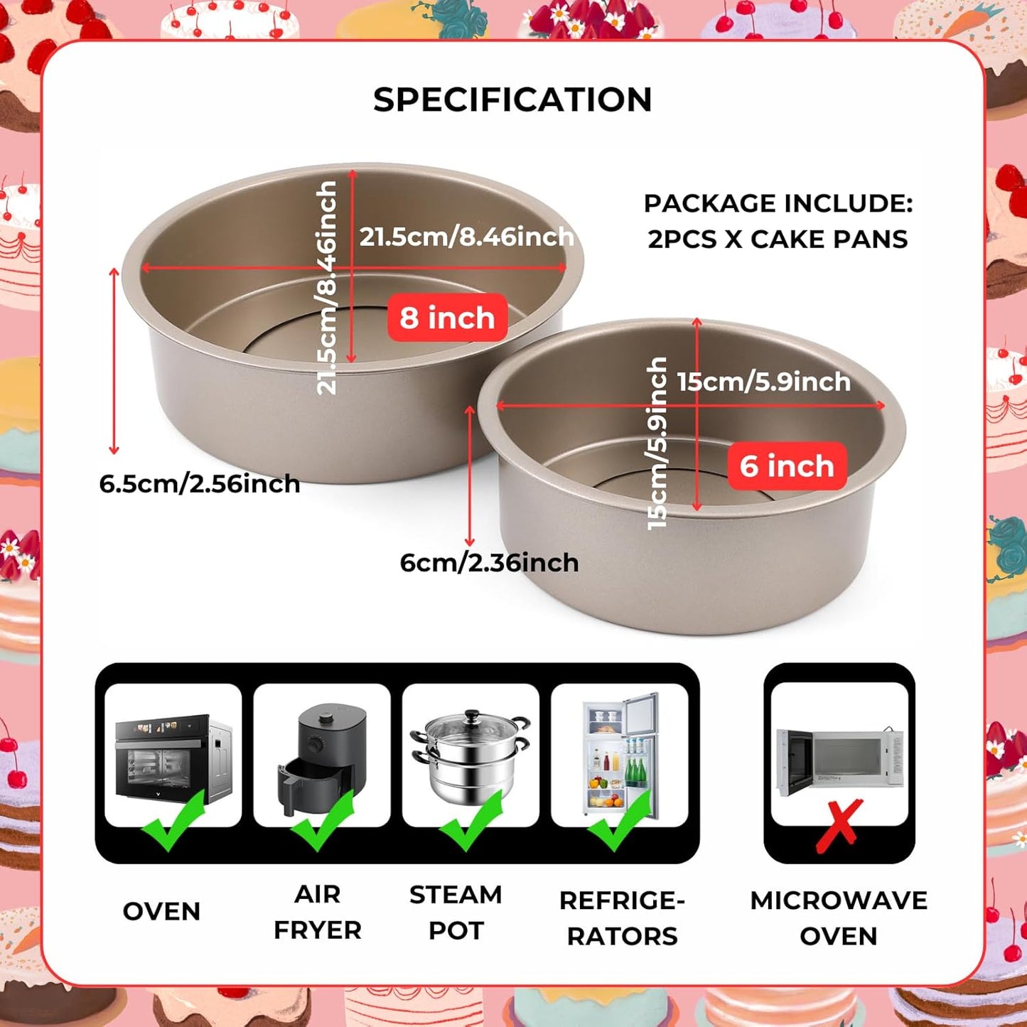 beyonday 2pcs Round Cake Pan with Removable Bottom, 6 inch & 8 inch Carbon Steel Cake Trays for Chiffon Mousse Bread, Non-stick Cheesecake Baking Mold for Birthday Party Wedding Anniversary