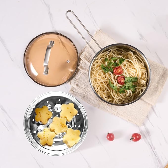 Stainless Steel Saucepan with Steamer Basket, 2.5 QT Cooking Pot All Stove Compatible - Soup Pot Perfect for Cooking Gravies, Pasta, Vegetable and More
