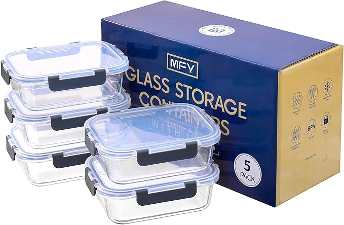 MFY 5-Pack 36 OZ Glass Storage Containers with Lids, Glass Meal Prep Containers Set, Airtight Lunch Containers with Lids, Microwave, Oven, Freezer and Dishwasher Safe, Gray