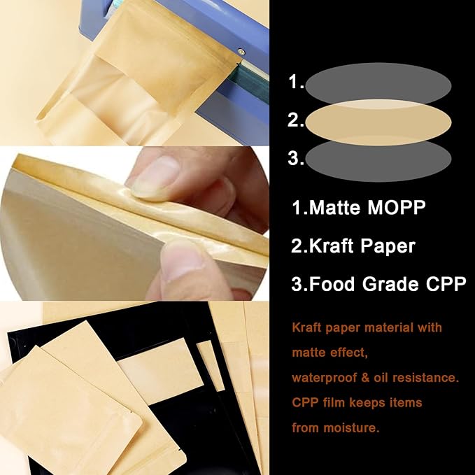 100 PCS Resealable Stand Up Kraft Paper Bags With Matte Window, Zipper Lock Food Storage for Small Business and Home, 5.91 * 9.05 Inches Reusable Sealable Packaging - Black