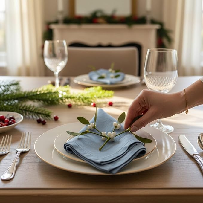 Hemstitched Linen Napkins – 20 Inch x 20 Inch – Stonewashed Pure Linen Cloth Dinner Napkins with Mitered Corners - 100% French Flax – Machine Washable - Set of 4 (Dusty Pastel Blue)