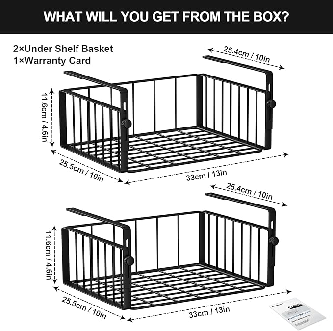 2Pack Under Shelf Basket Organizer,Adjustable Hanging Holder Storage for Cabinet Pantry Kitchen Cupboard Desk Counter Bookshelf Organization Add-on Space Saver Heavy Duty Slide-in,Black