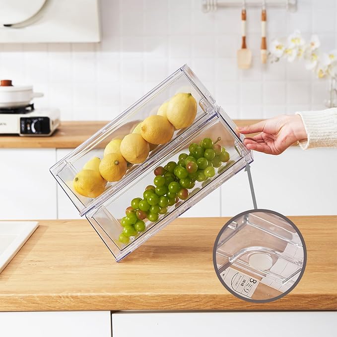 PeJeyiee 2 Pack Clear Stackable Refrigerator Organizers and Storage Drawers - Pull-Out Fridge Bins with Anti-Slip Base & Easy Clean, Plastic Organizers for Kitchen Pantry Cabinet Closet (Large)