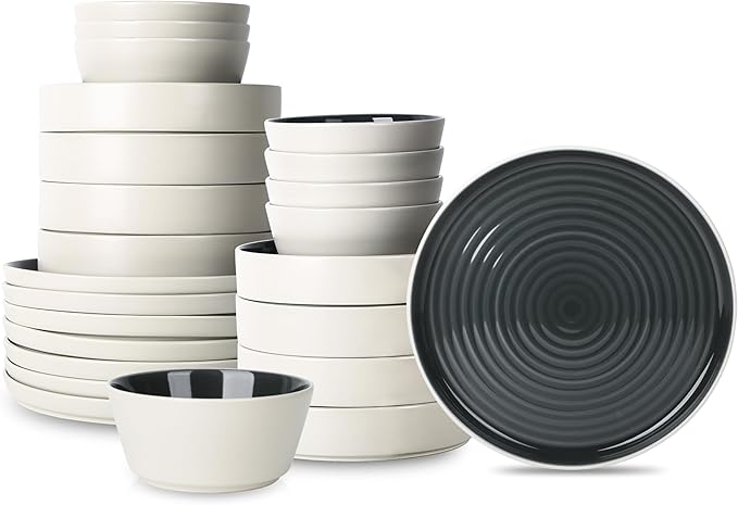 Stone Lain Elica 24-Piece Modern Dinnerware Set Stoneware, Plates and Bowl Sets for 8, Black and Beige