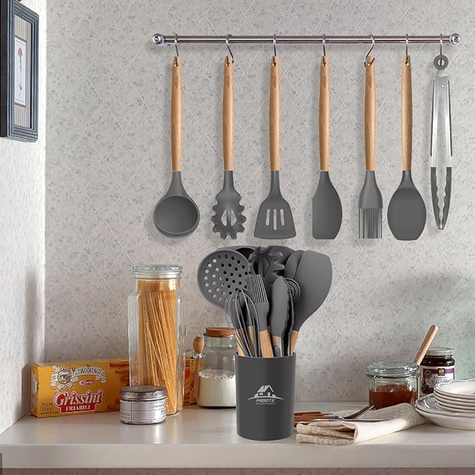 MIBOTE 17 Pcs Silicone Cooking Kitchen Utensils Set with Holder, Wooden Handles Silicone Turner Tongs Spatula Spoon Kitchen Gadgets Utensil Set for Nonstick Cookware (Grey)