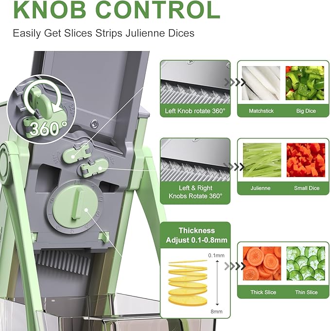 All-in-1 Update Safe Mandoline Slicer for Kitchen, Food Chopper with Container, Thickness Adjustable Vegetable Chopper, Potato French Fry Cutter Tomato Apple Slicer Onion (Matcha Green)