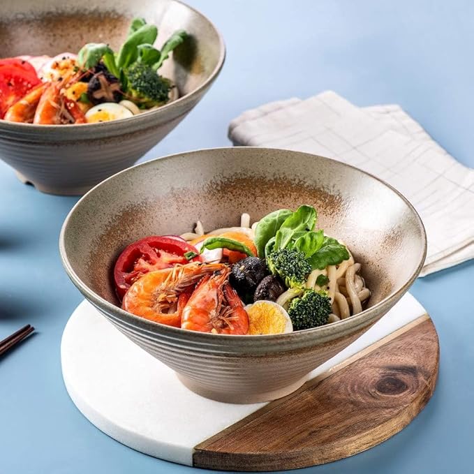 NJCHARMS Ceramic Ramen Bowls set, Noodles Soup Bowls, 2 Sets (6 Piece) 60 Ounce, Large Japanese Ceramic Ramen Bowl with Spoons and Chopsticks for Salad, Udon Pho Asian Noodles, Imitation pottery