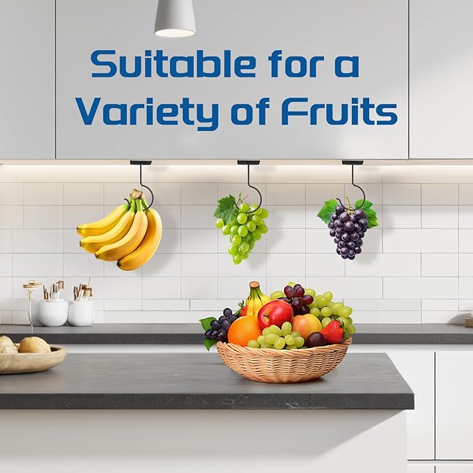 2 Pack Space-Saving Banana Hooks, Foldable Magnetic Under Cabinet Banana Hanger with Heavy-Duty Adhesive & Screw-in Mounts, Supports up to 13 lbs, Black Banana Holders