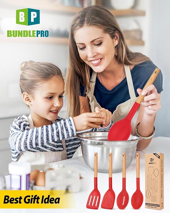 Pack of 4 Silicone Cooking Utensils Set, Non Stick Solid Spatulas and Heat Resistant Slotted Spoons with Wooden Handle, Ideal Wood Kitchen Utensils Set for Frying,Serving,Turning,Stirring (RED)