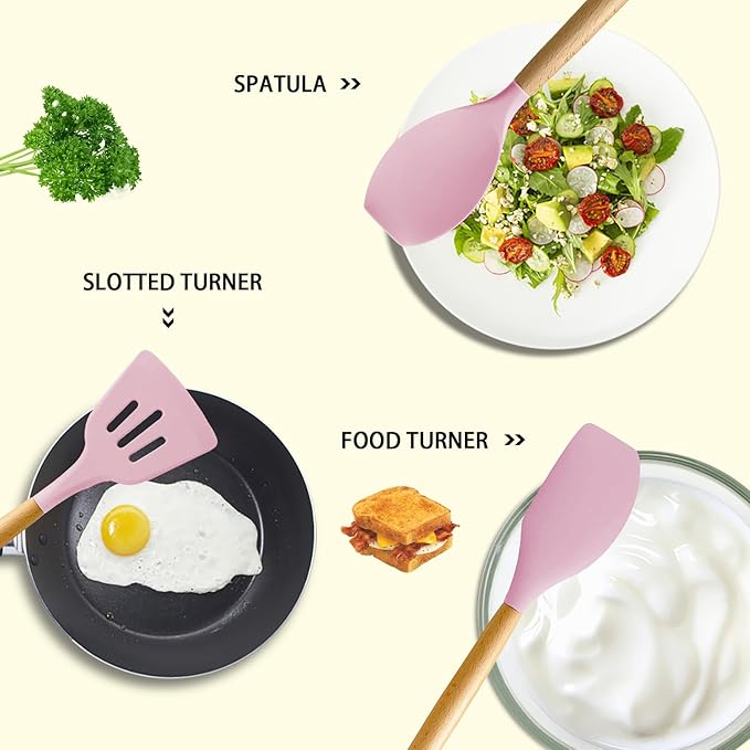 MIBOTE Silicone Cooking Kitchen Utensils Set with Holder, Wooden Handles BPA Free Silicone Turner Tongs Spatula Spoon Kitchen Gadgets Utensil Set for Nonstick Cookware (Pinky)