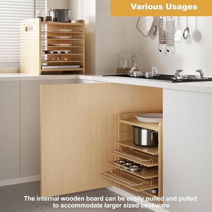 7 Tier Wooden Tray Dividers for Cabinets Cookie Sheet Organizer for Pot, Pans, Baking Tray Organizer for Kitchen Documents Storage(14" W x 16.5" H x 15.2" D)