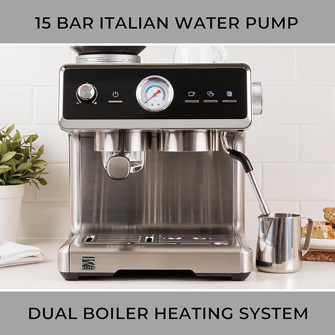 Kenmore Elite Espresso Machine – Automatic Coffee Maker with Auto Tamper, Auto Cleaning, Milk Steamer & Frother, Bean Grinder, Make Professional Barista Style Cappuccino, Café Latte