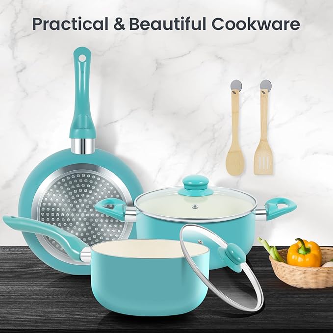 Pots and Pans Set, 7 Piece Nonstick Ceramic Cookware Set, Kitchen Induction Cookware Sets, Pots and Pans Non Stick with Stay Cool Handle, 100% PFOA Free, Turquoise